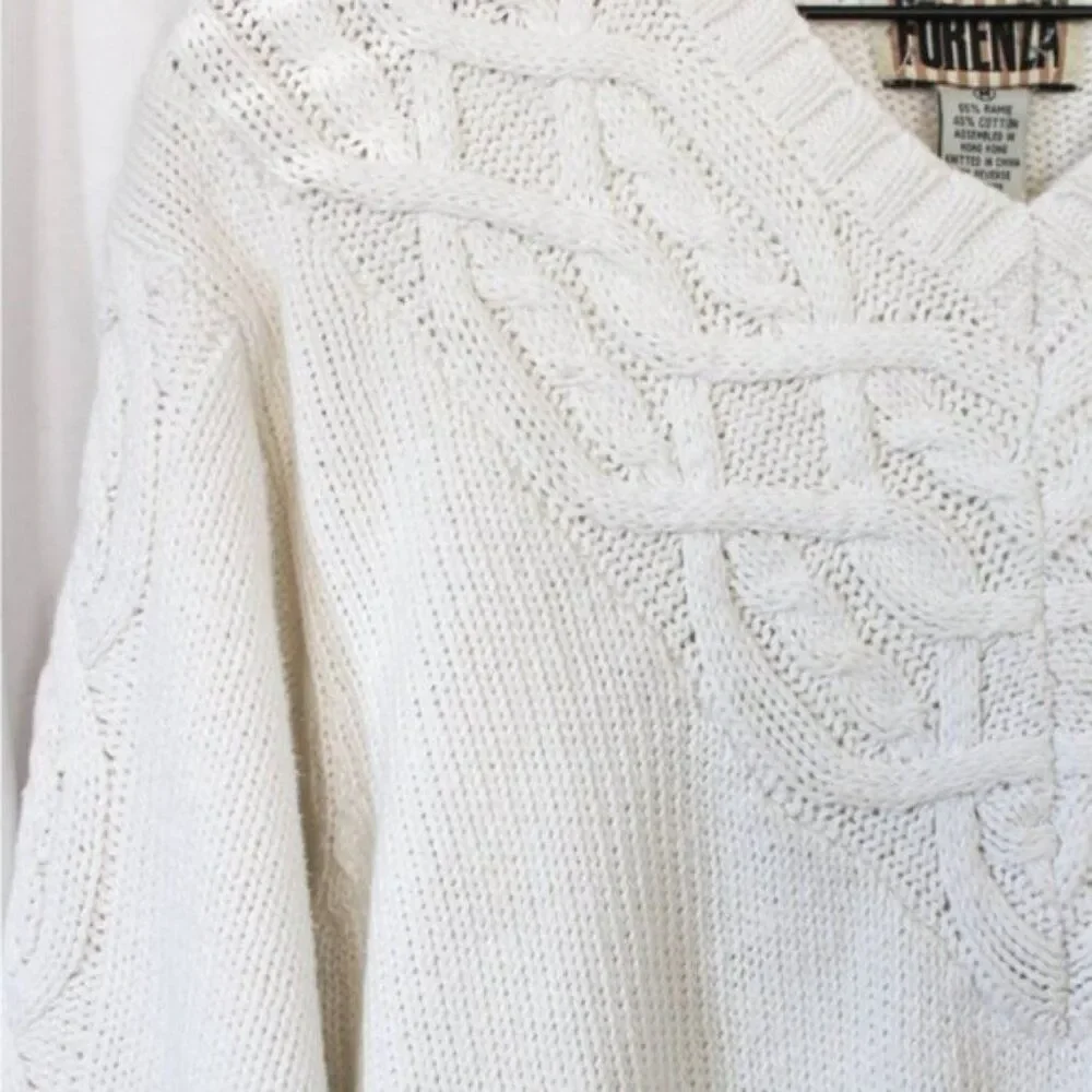 Vintage Women's White Long Sleeve V-neck Sweater with Cable Knit Accents Medium - Picture 6 of 8